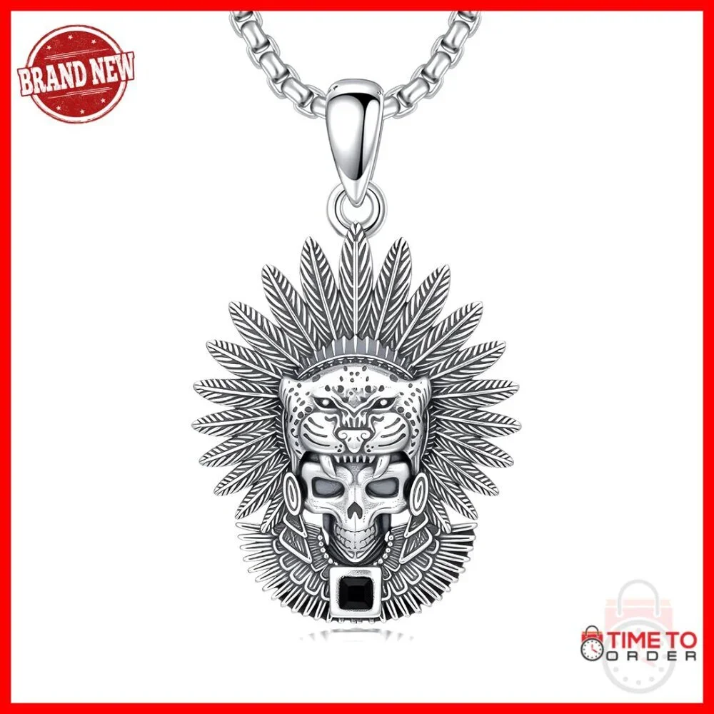Sterling Silver Skull Necklace Adjustable Chain Aztec Jaguar Warrior Jewelry